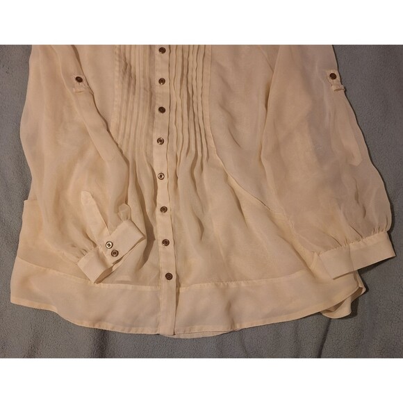 GRACE ELEMENTS Vintage Ivory Blouse Women L Roll up Long Sleeves Pleats - Picture 2 of 12